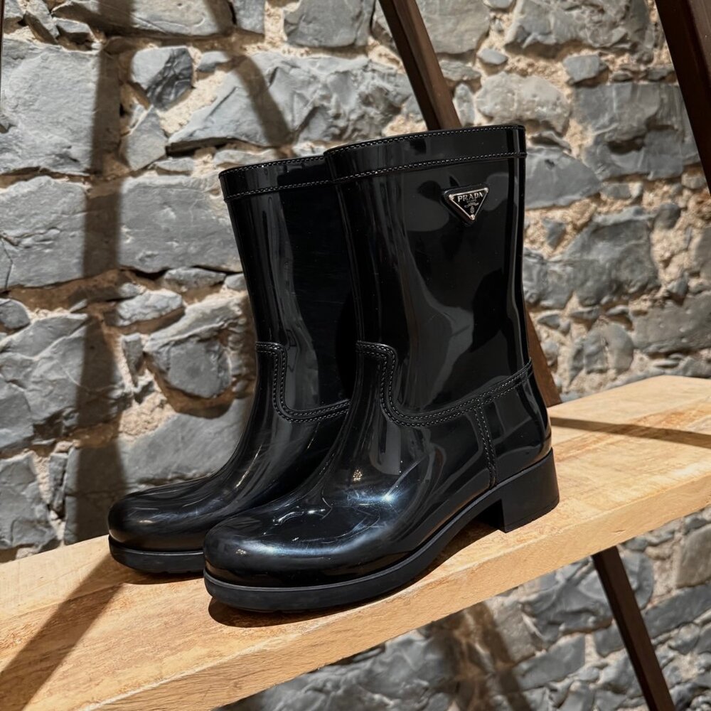 Prada Black Enamel Triangle Mid-Calf Rain Boots - Picture 8 of 14